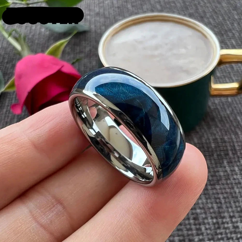 Bague en tungstène argentée avec bois bleu, fond tasse