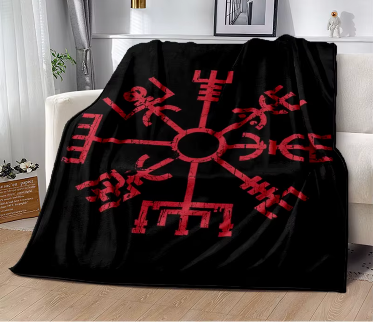 Plaid Viking "Vegvisir Rouge" – Guide Magique et Protection Nordique
