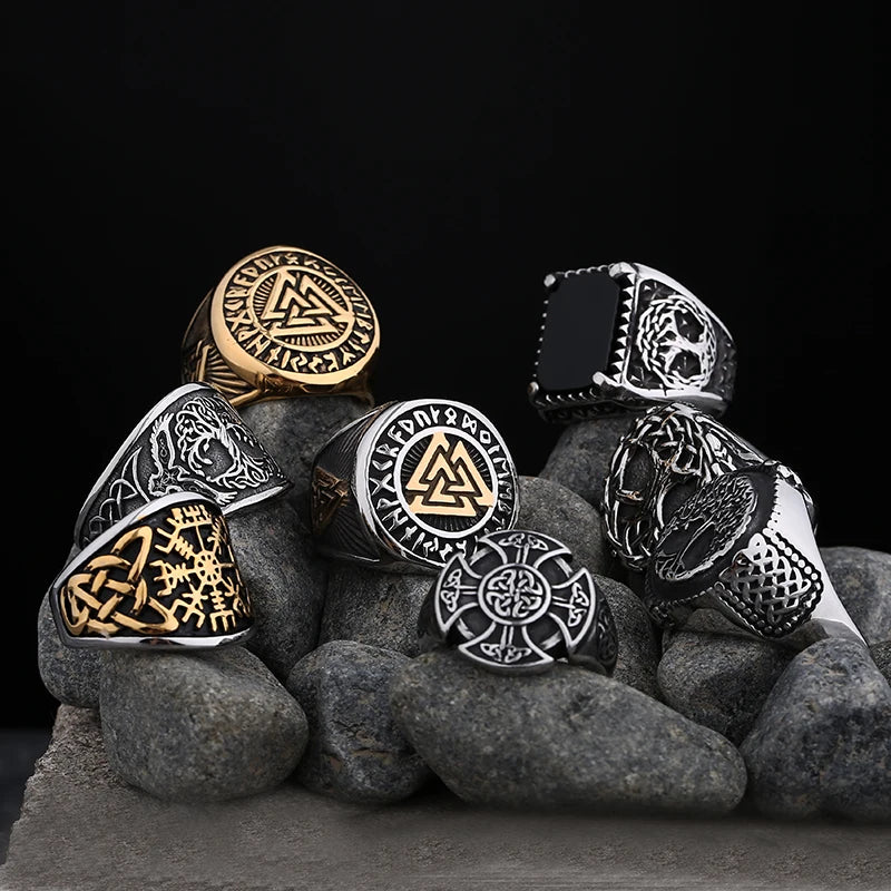 Bague Viking Valknut Argent et Or en Acier Inoxydable