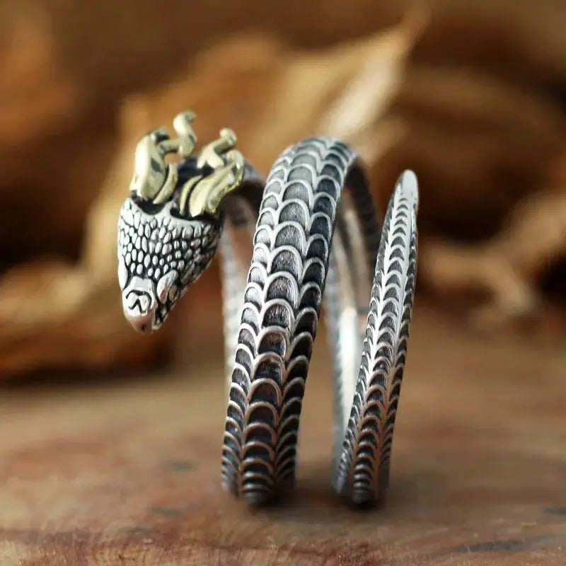 Viking Horned Serpent Totem Ring – Adjustable 925 Silver Design