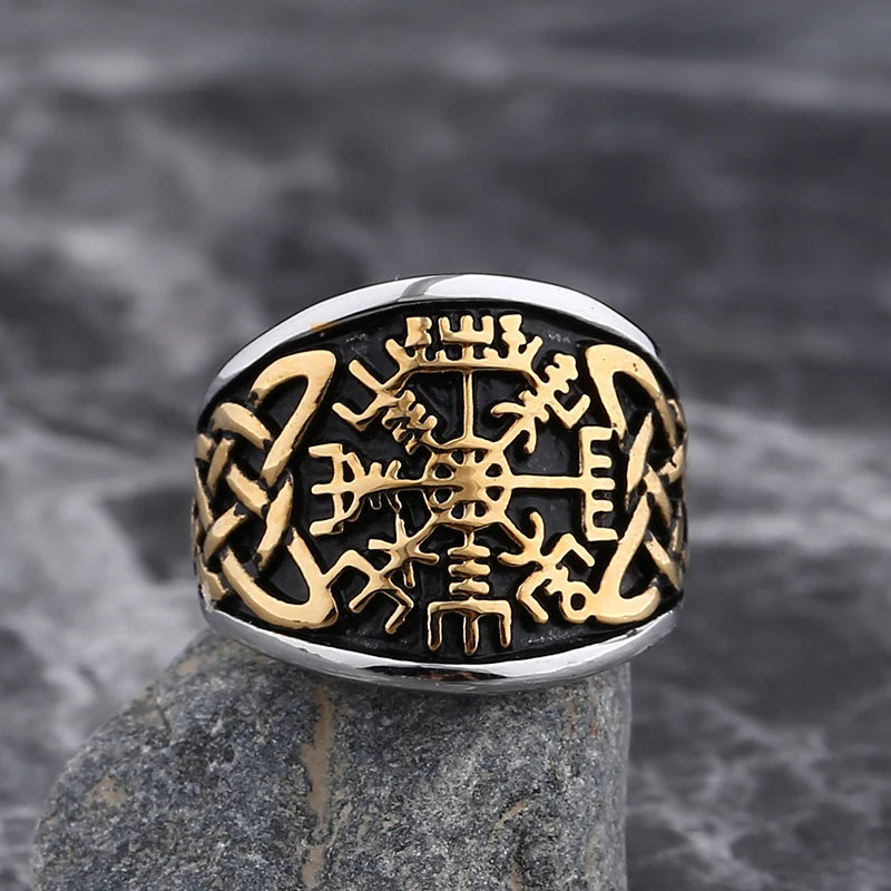 Bague Viking Vegvisir Dorée en Acier Inoxydable
