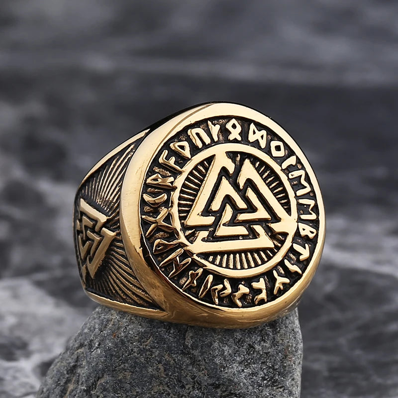 Bague Viking Valknut Dorée en Acier Inoxydable
