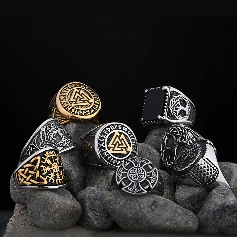 Bague Viking Valknut Argent et Or en Acier Inoxydable