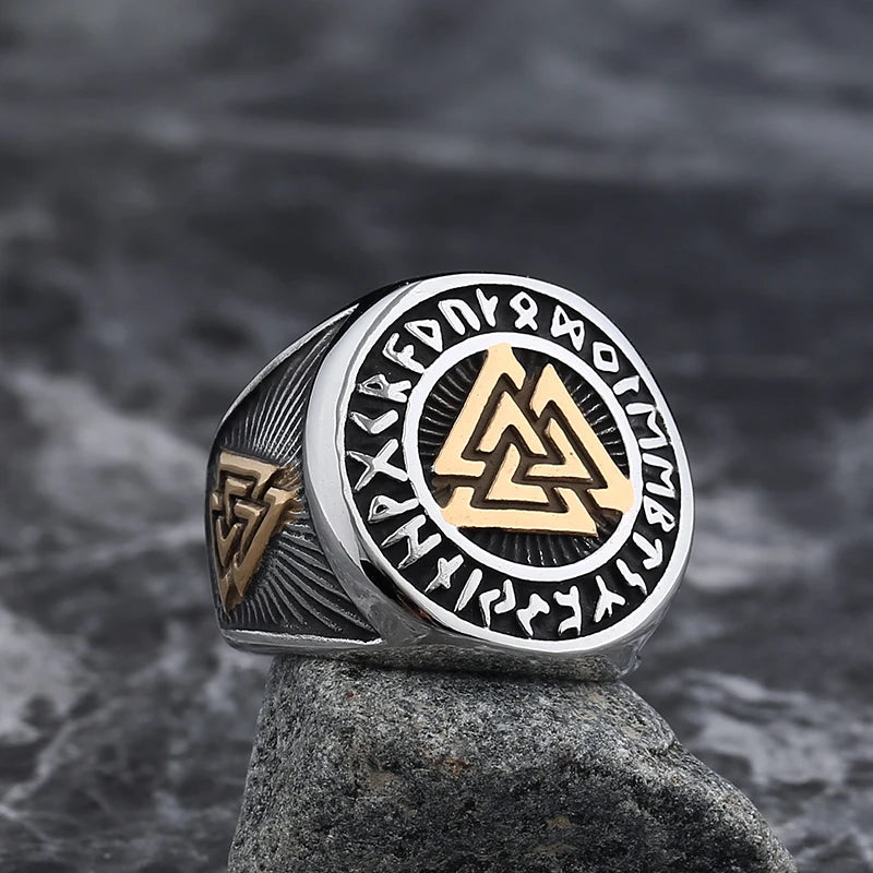 Bague Viking Valknut Argent et Or en Acier Inoxydable