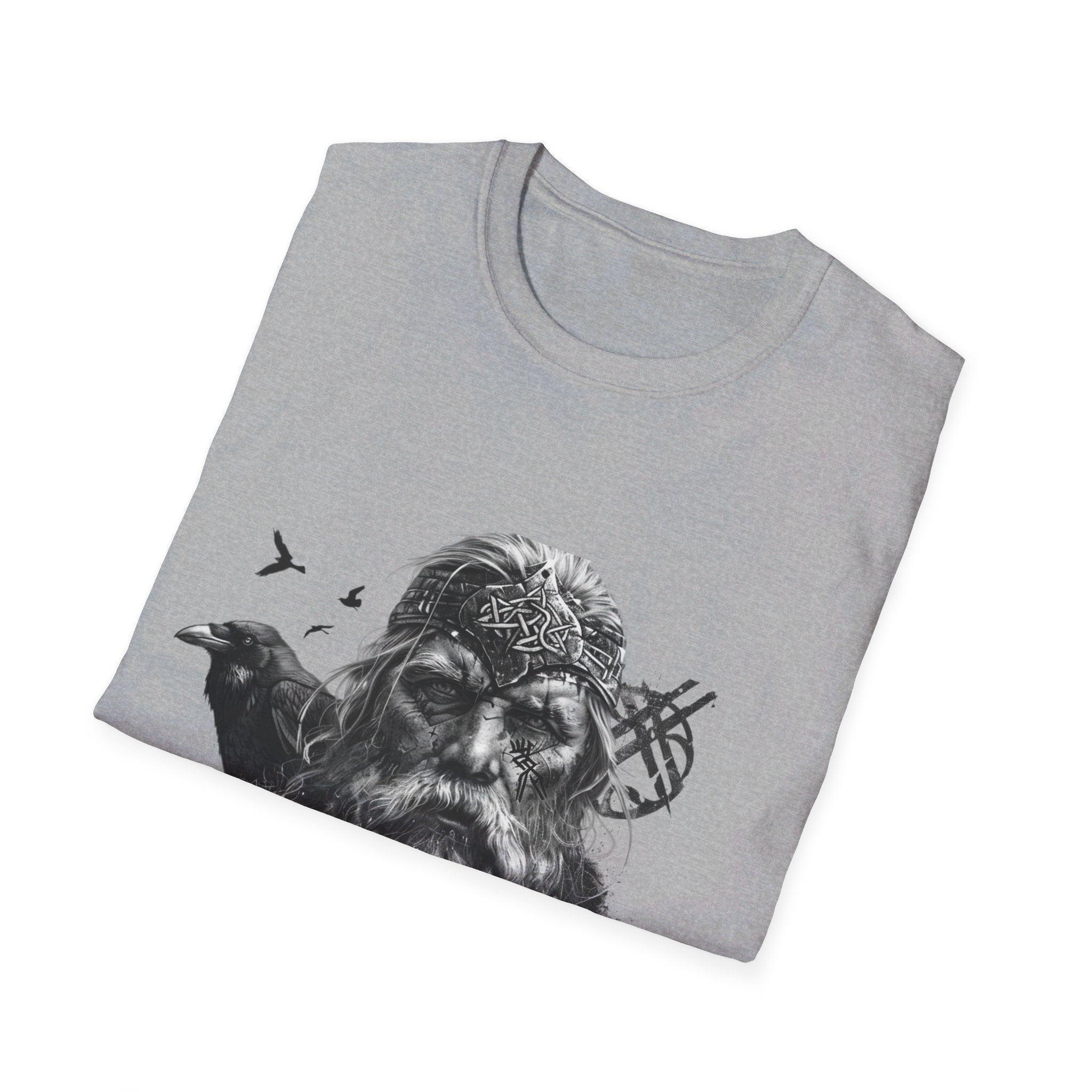 T-shirt Odin gris clair plié, motif viking visible