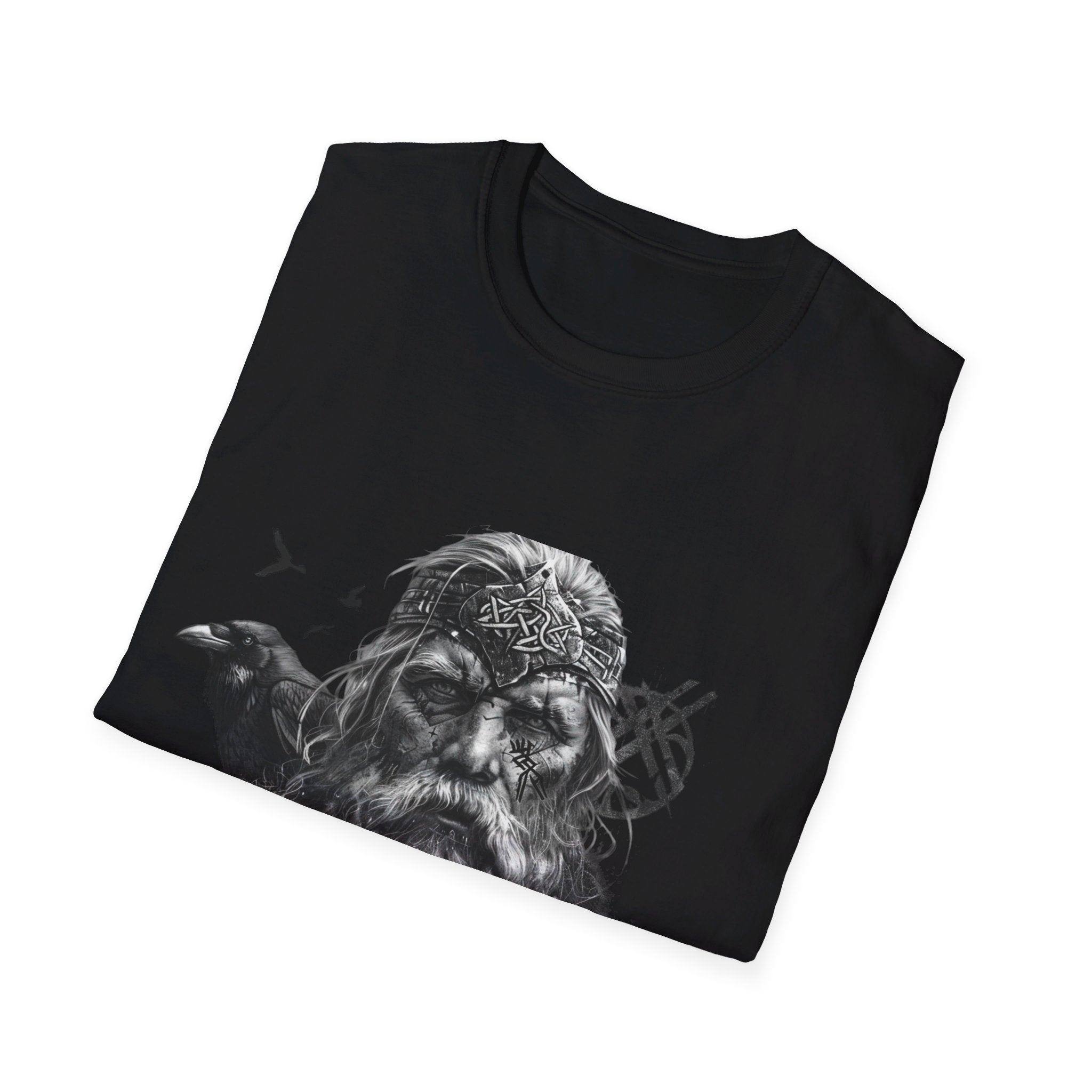 T-shirt Odin noir plié, motif viking visible