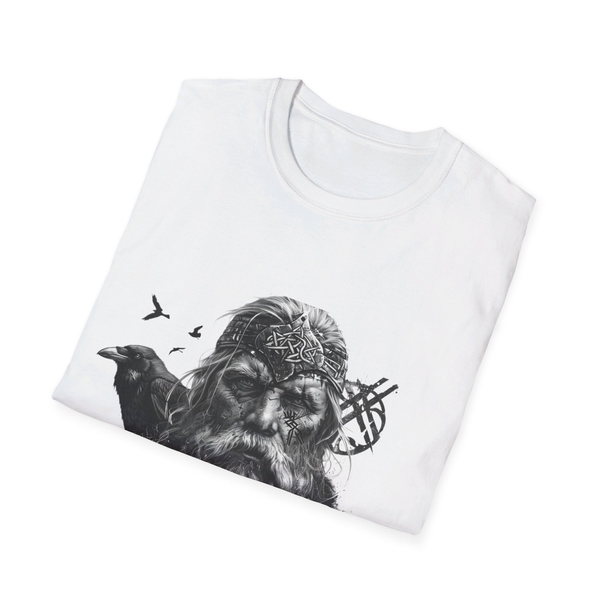 T-shirt Odin blanc plié, motif viking visible