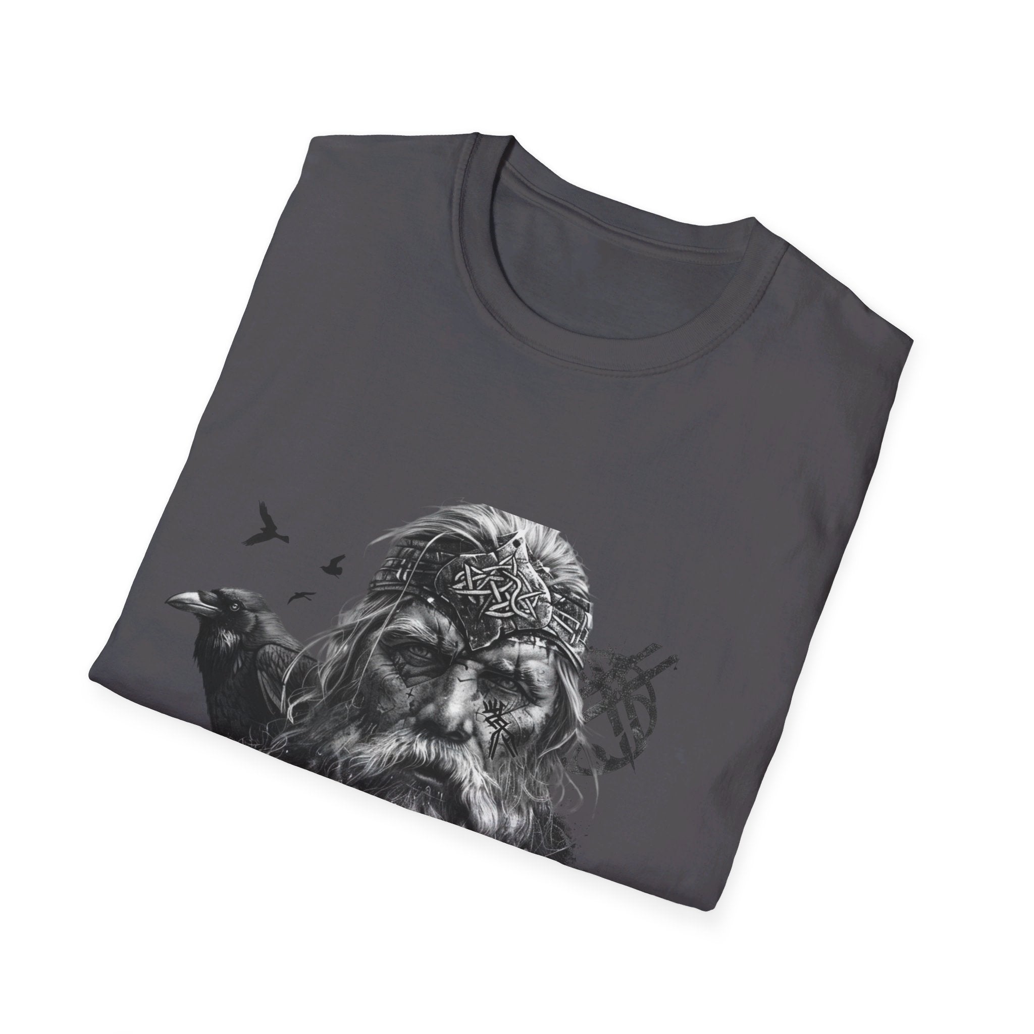 T-shirt Odin gris foncé plié, motif viking visible