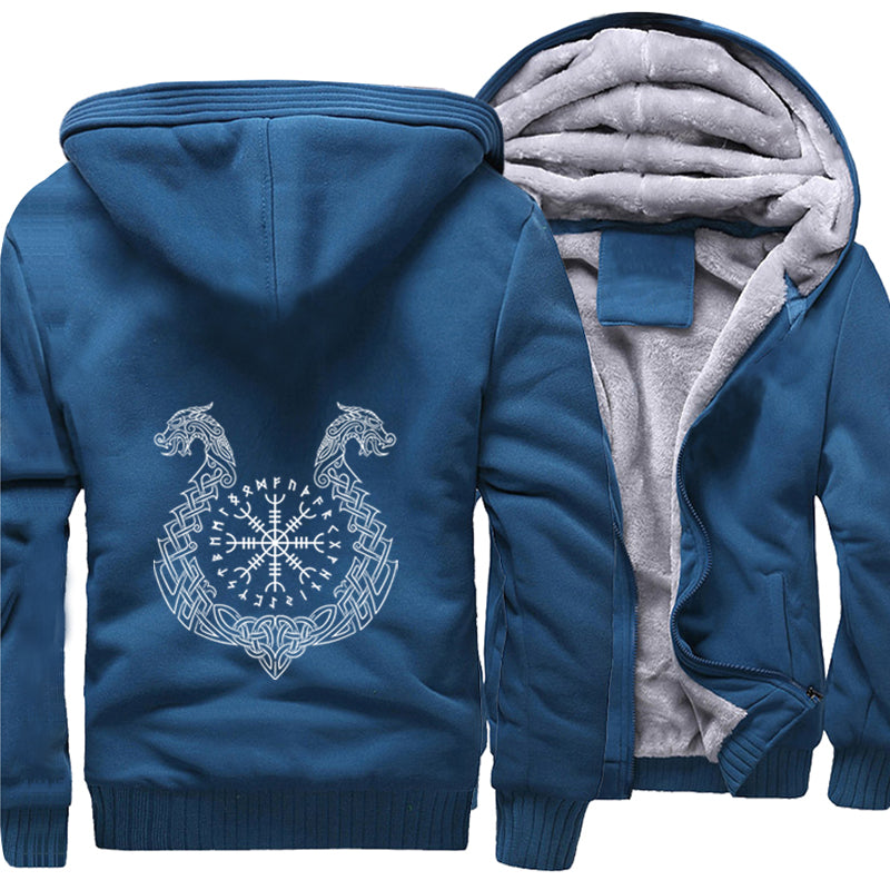 Veste à capuche Drakkar polaire bleue avec motif viking.