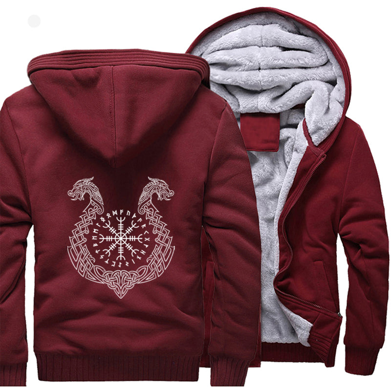 Veste à capuche Drakkar polaire bordeaux avec motif viking.