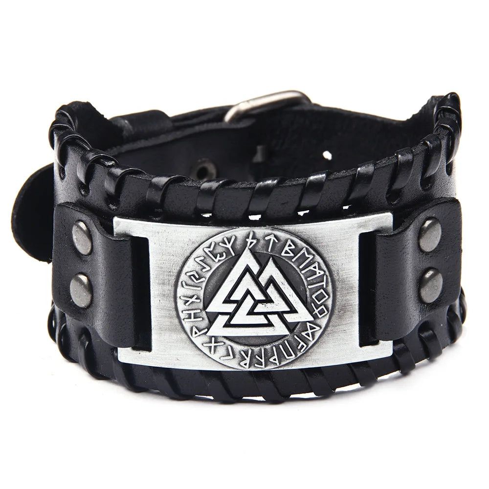 Bracelet en cuir noir avec symbole argenté nordique