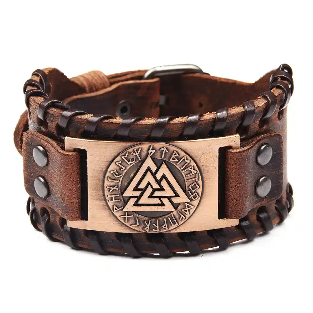 Bracelet en cuir marron avec symbole nordique en métal