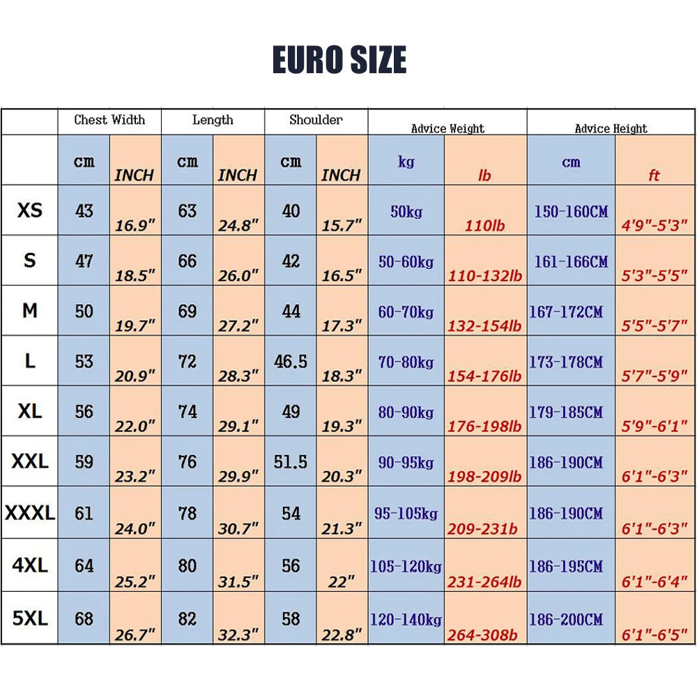 Tableau des tailles pour T-Shirt Fenrir, tailles européennes