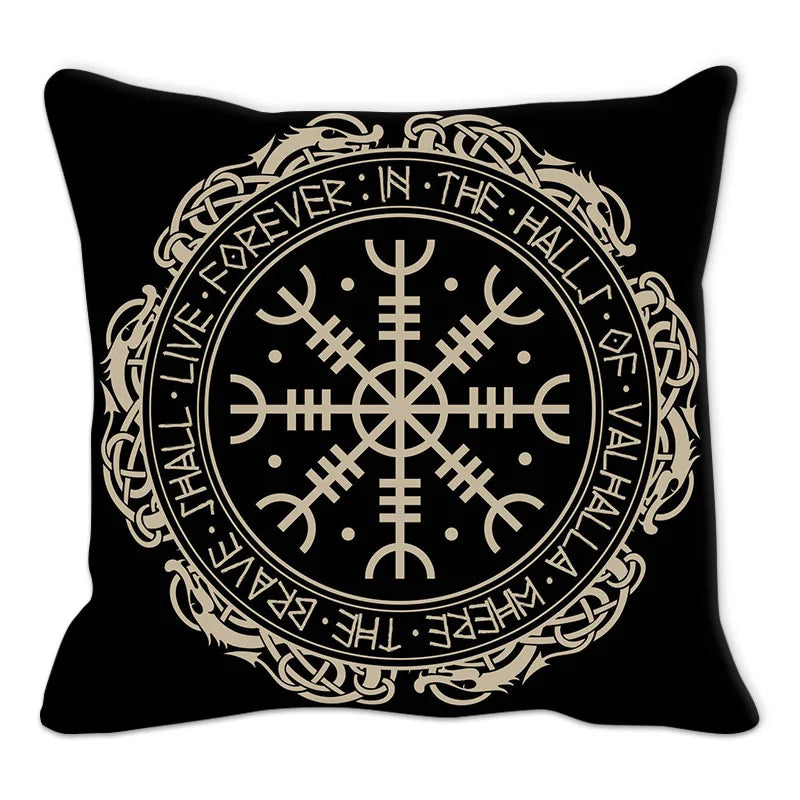 Housse de coussin noire avec motif runique complexe