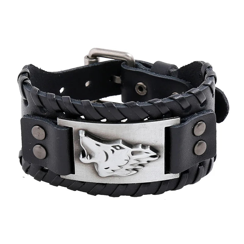 Bracelet en cuir noir avec motif loup argenté