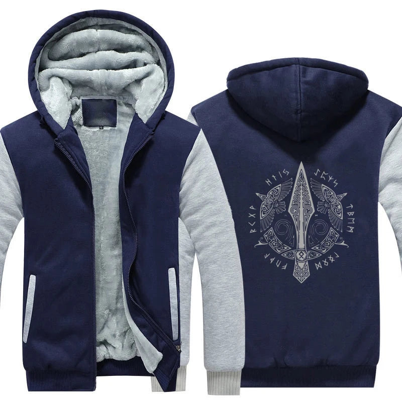 Veste polaire bleue et grise avec motif viking.