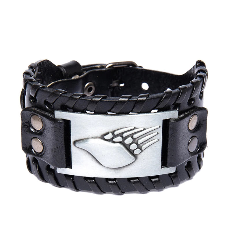 Bracelet en cuir noir avec motif patte argenté