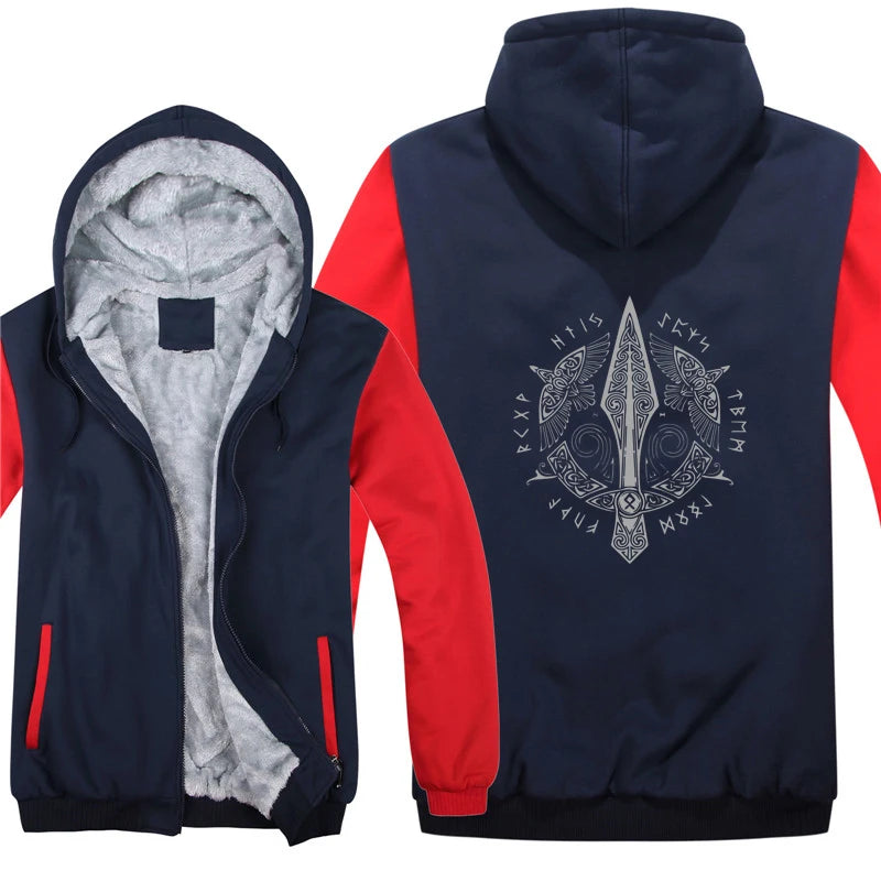 Veste polaire bleue et rouge avec motif viking.