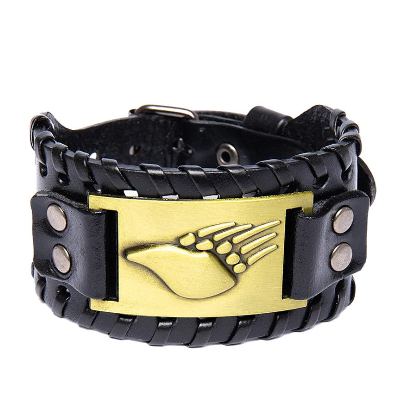 Bracelet en cuir noir avec motif patte doré