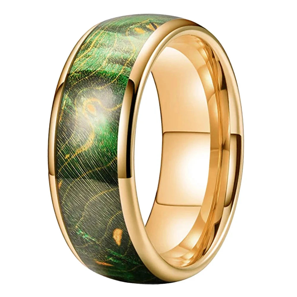 Bague en tungstène dorée avec bois vert teinté