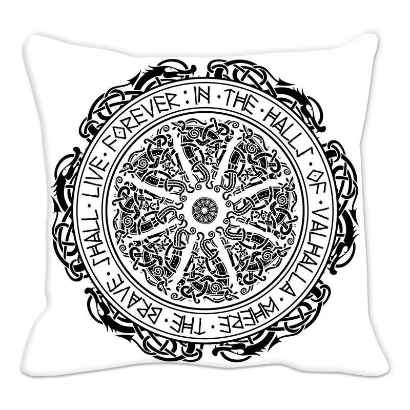 Housse de coussin blanche avec motif runique coloré