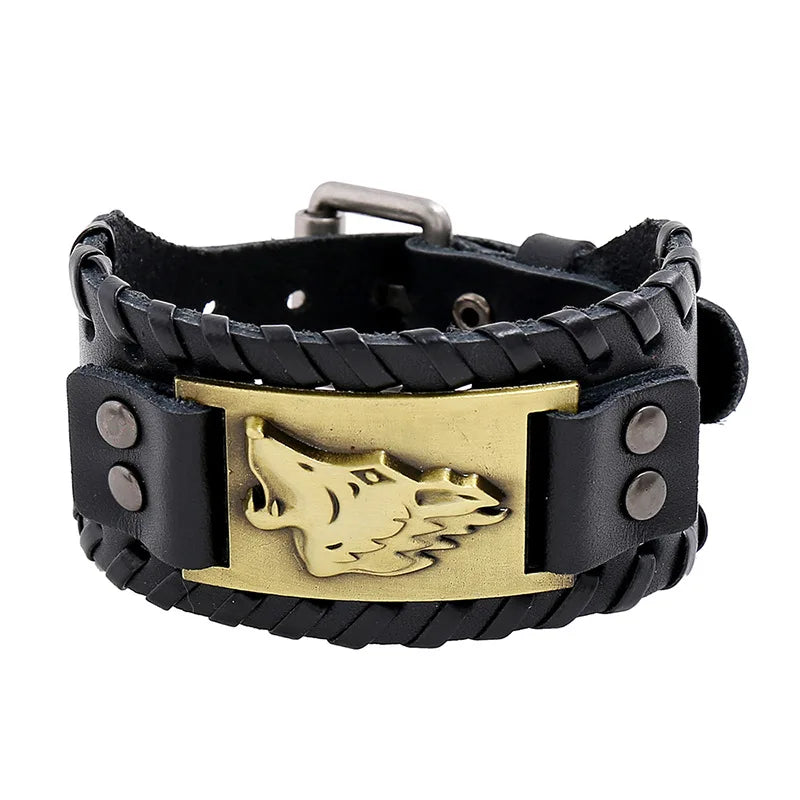 Bracelet en cuir noir avec motif loup doré