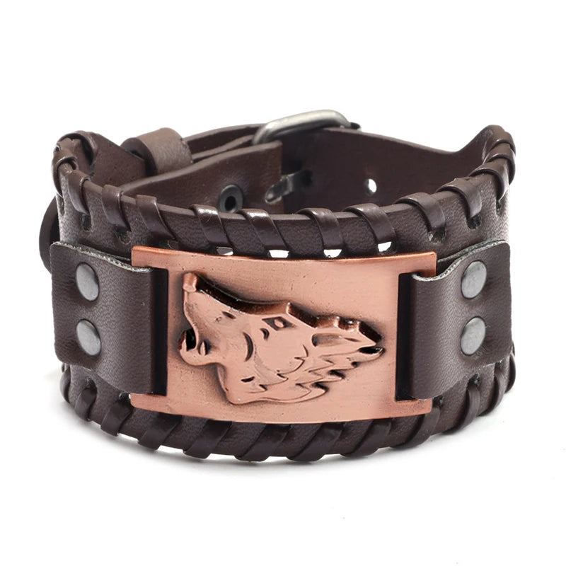 Bracelet en cuir marron avec motif loup cuivré