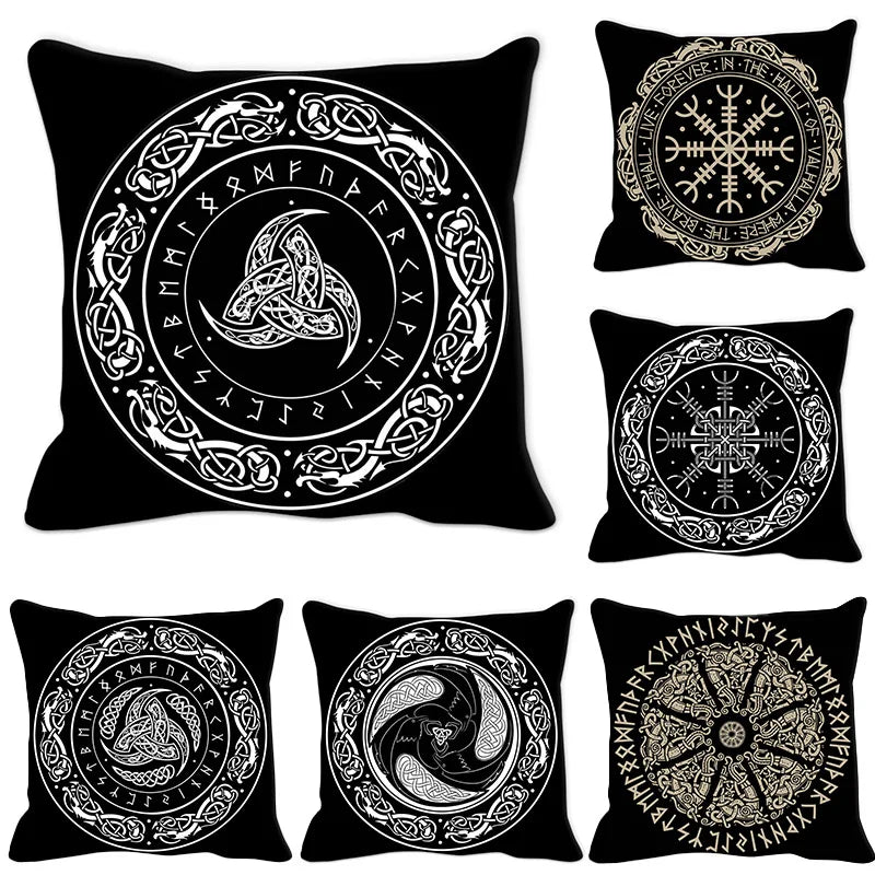 Housse de coussin noire avec symboles vikings et runes