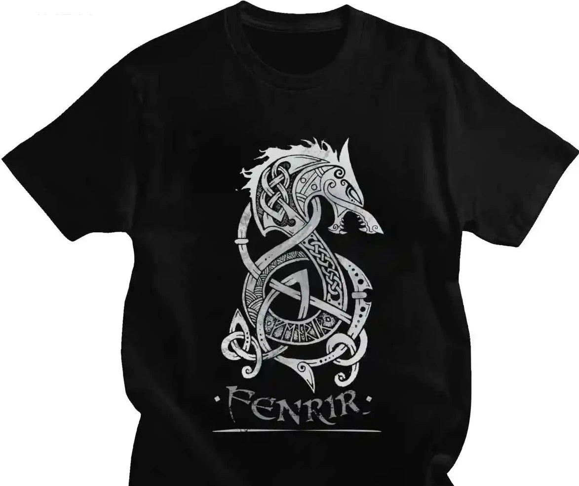 T-Shirt noir Fenrir en coton premium, motif nordique