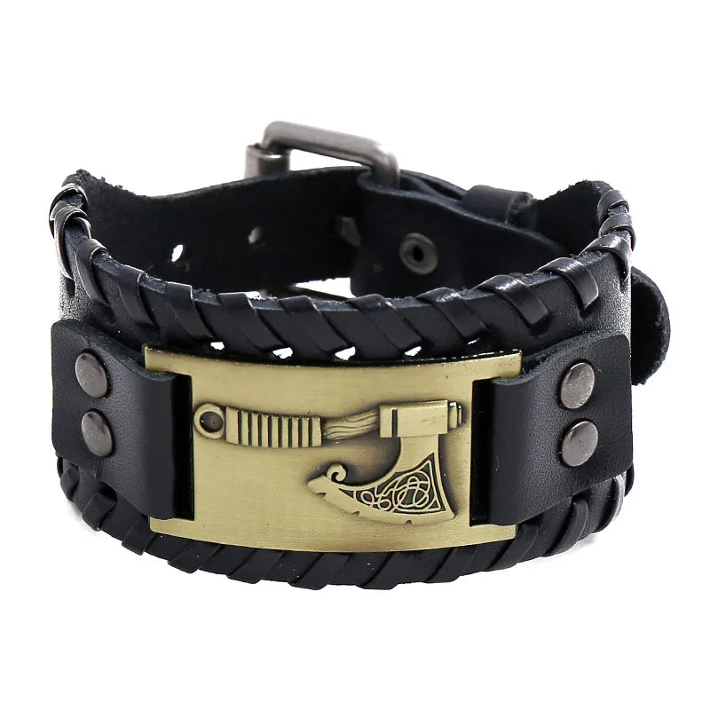 Bracelet en cuir noir avec hache nordique dorée