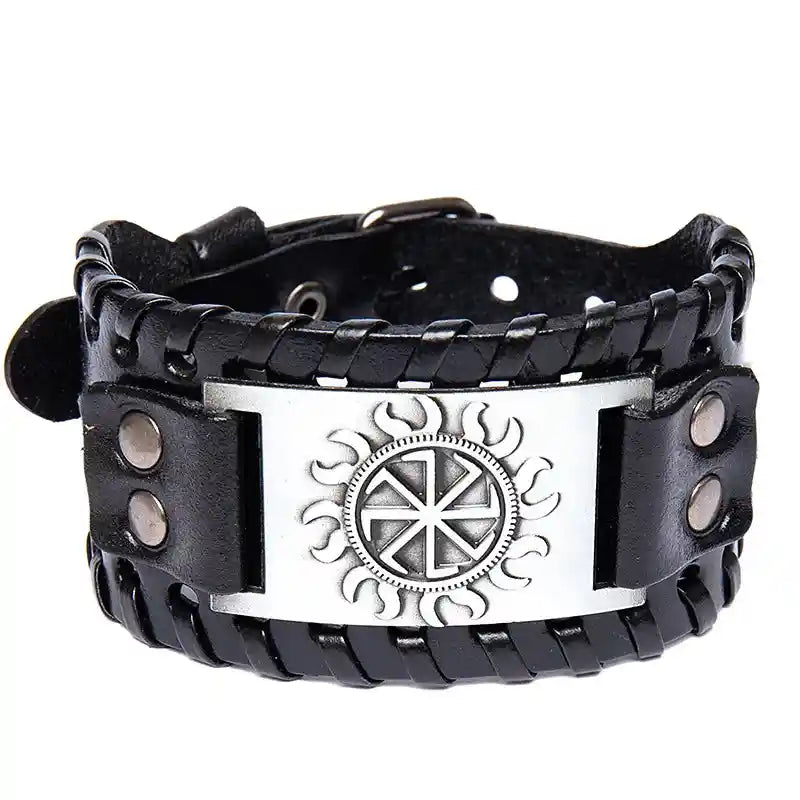 Bracelet en cuir noir avec symbole solaire argenté