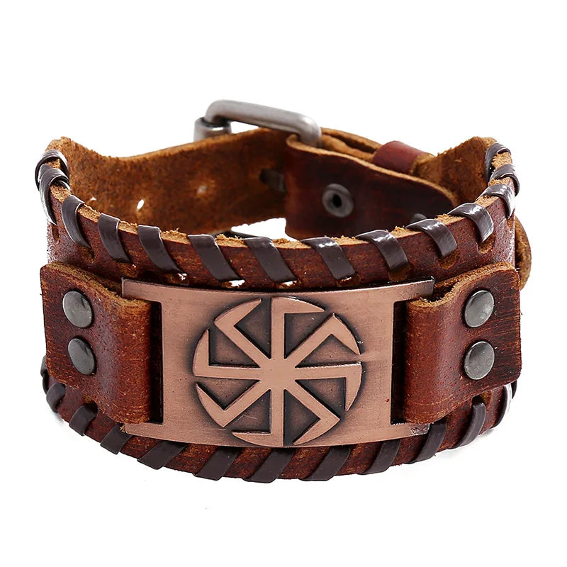 Bracelet en cuir marron avec symbole roue cuivré