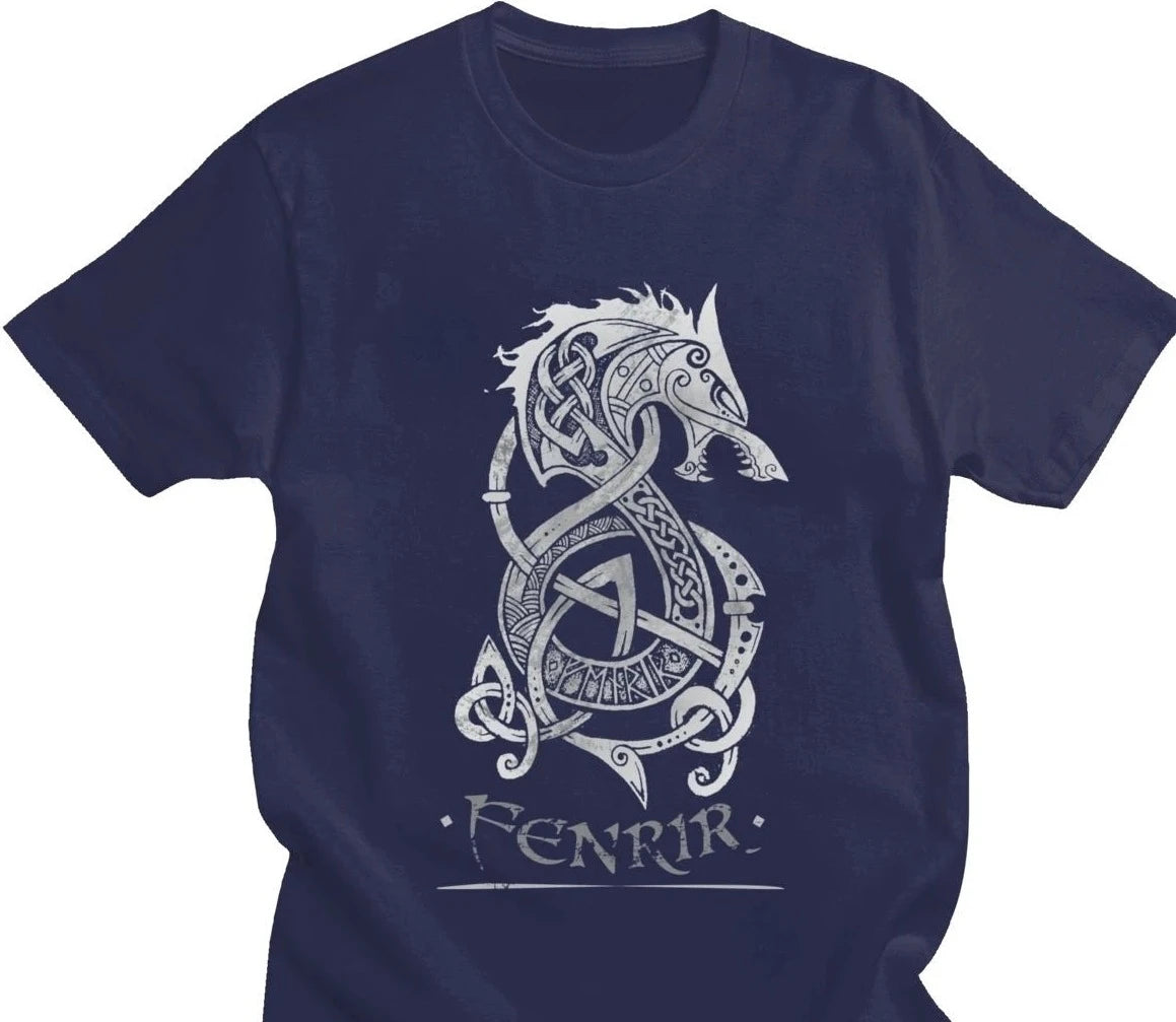 T-Shirt bleu Fenrir en coton premium, motif nordique