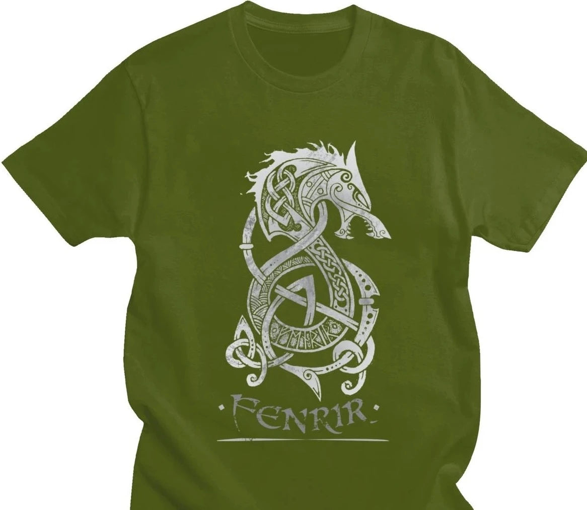 T-Shirt vert Fenrir en coton premium, motif nordique