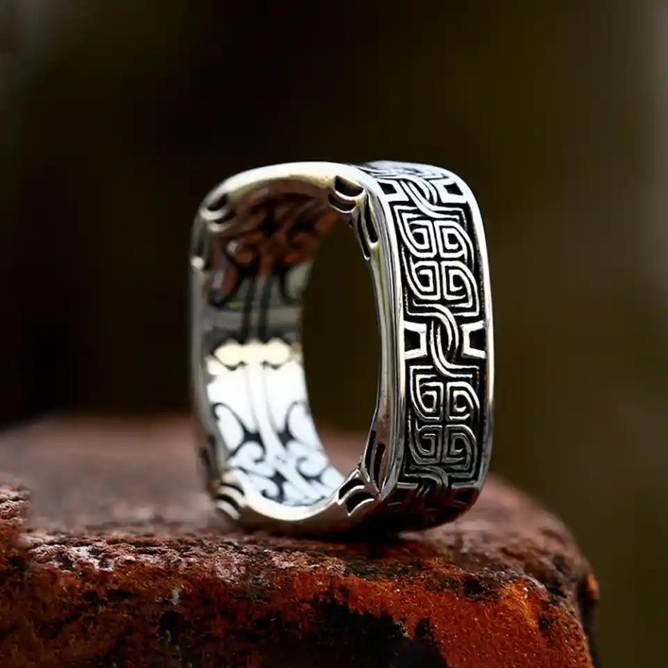 Bague Dvalin en acier tressé, motif viking argenté