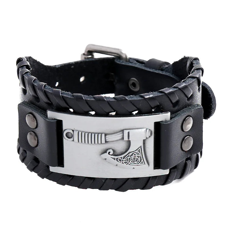 Bracelet en cuir noir avec hache nordique argentée