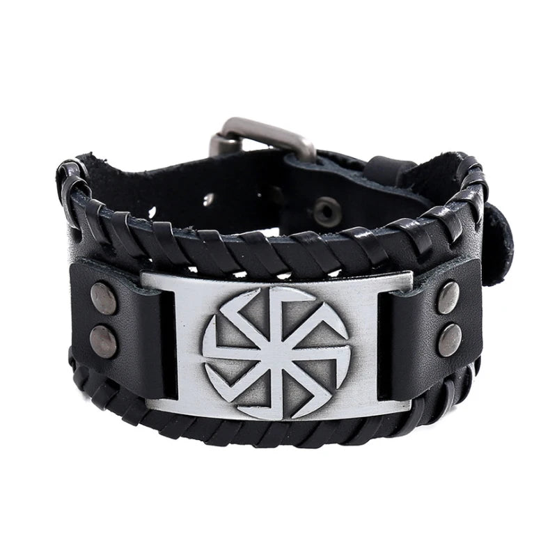 Bracelet en cuir noir avec symbole roue argenté