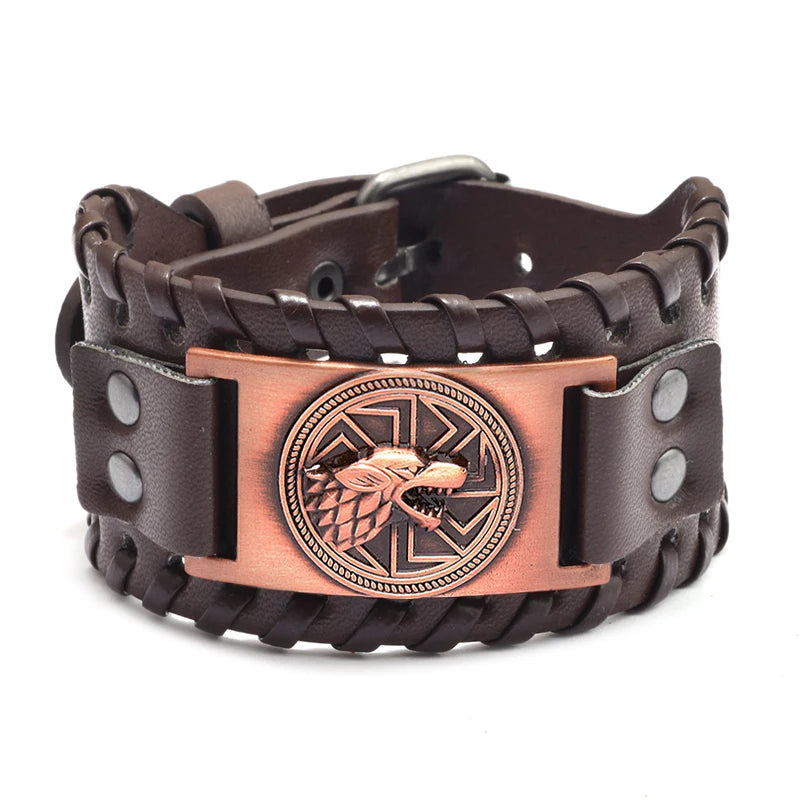 Bracelet en cuir marron avec tête de loup cuivrée