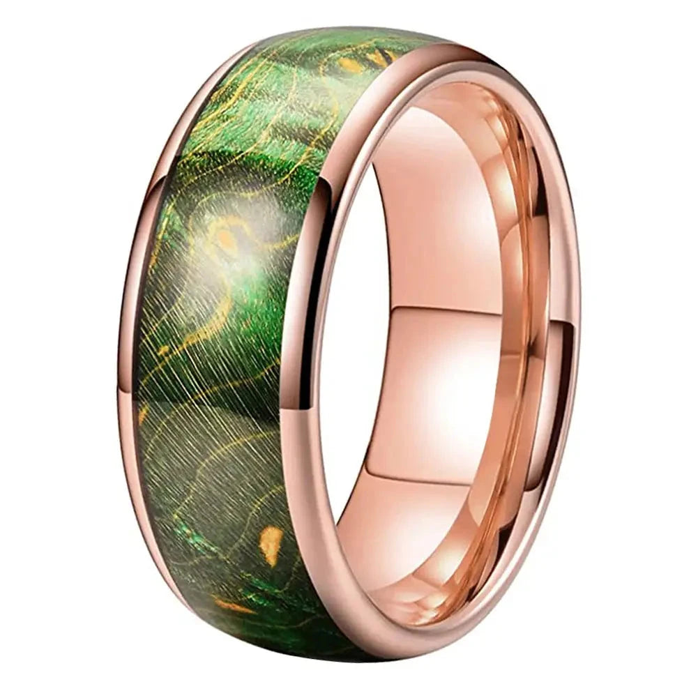 Bague en tungstène rose avec bois vert teinté