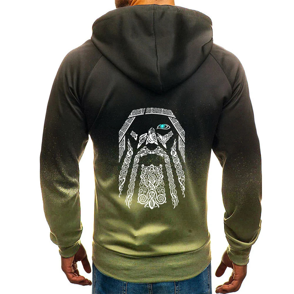 Dos du gilet à capuche Viking noir et vert, motif Odin.