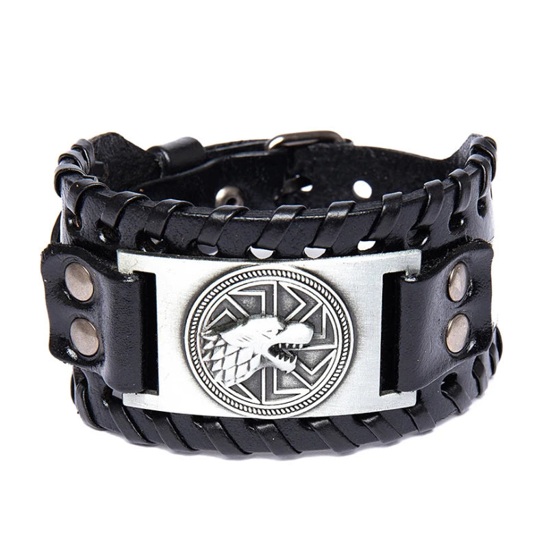 Bracelet en cuir noir avec tête de loup argentée