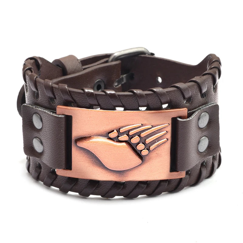 Bracelet en cuir marron avec motif patte cuivré