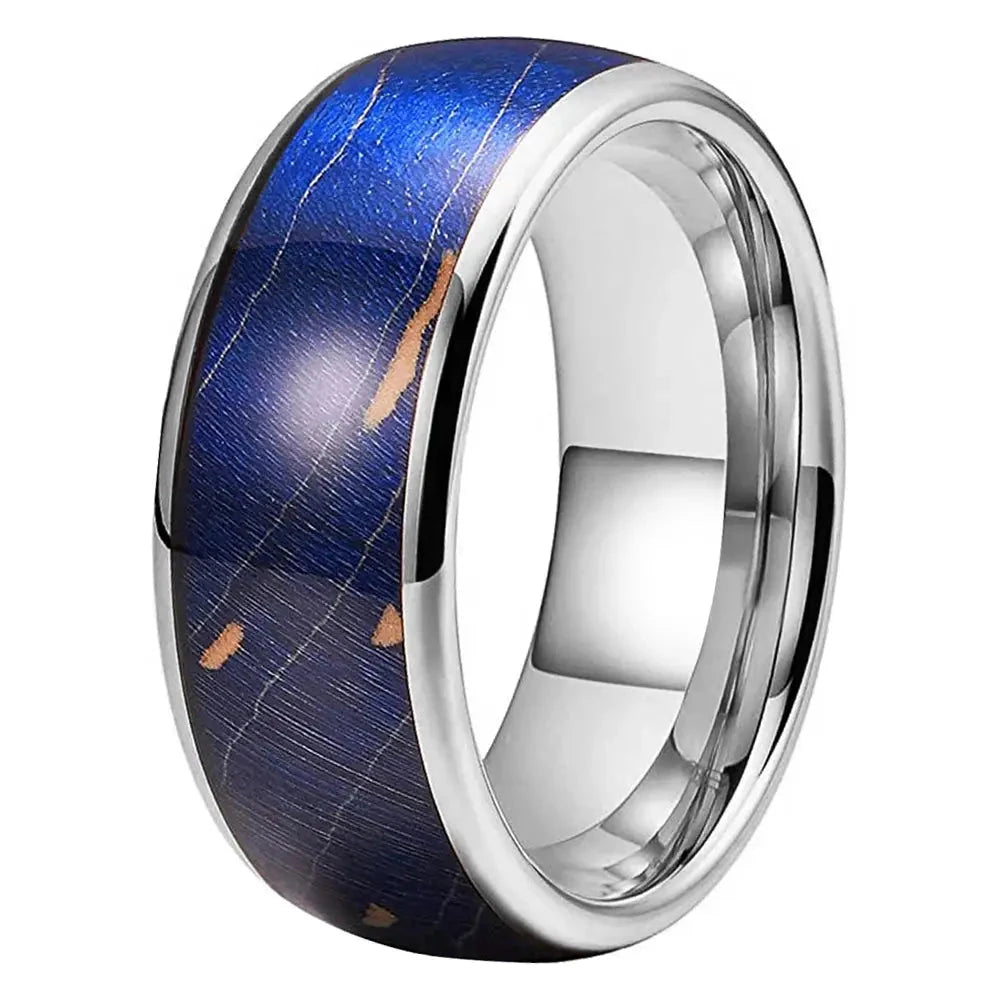 Bague en tungstène argentée avec bois bleu teinté