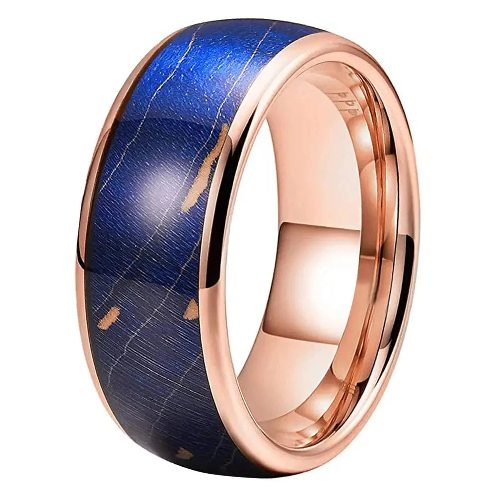 Bague en tungstène rose avec bois bleu teinté