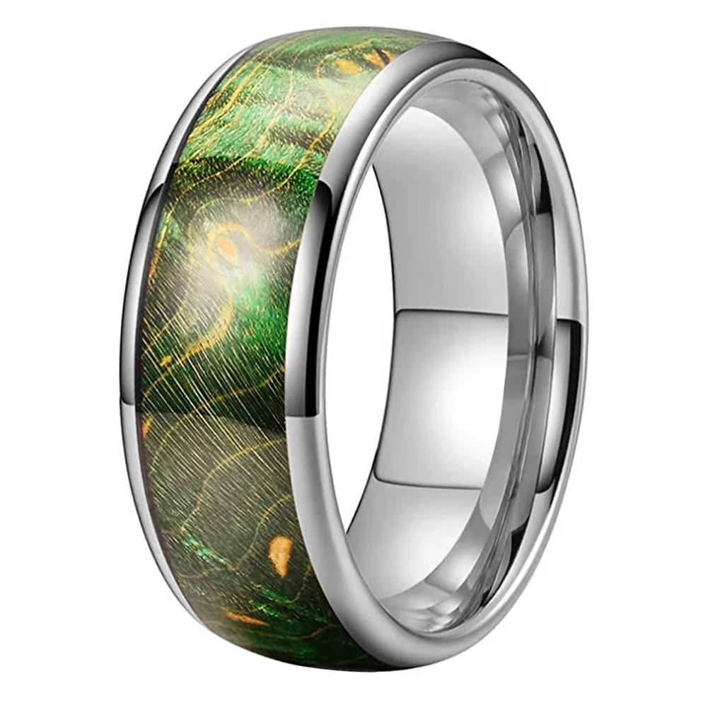 Bague en tungstène argentée avec bois vert teinté