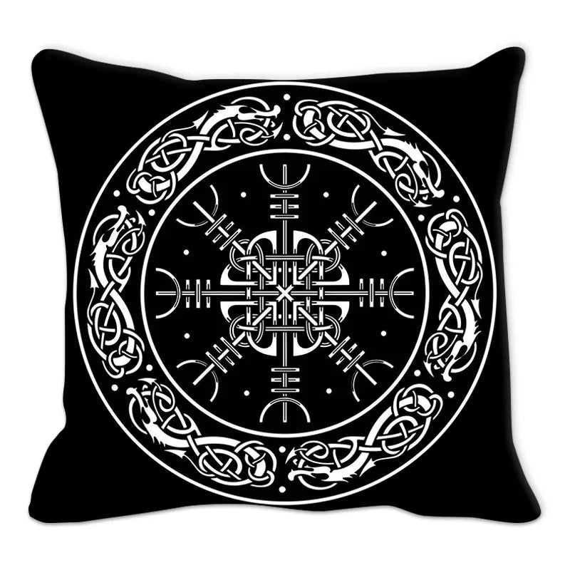 Housse de coussin noire avec design runique circulaire