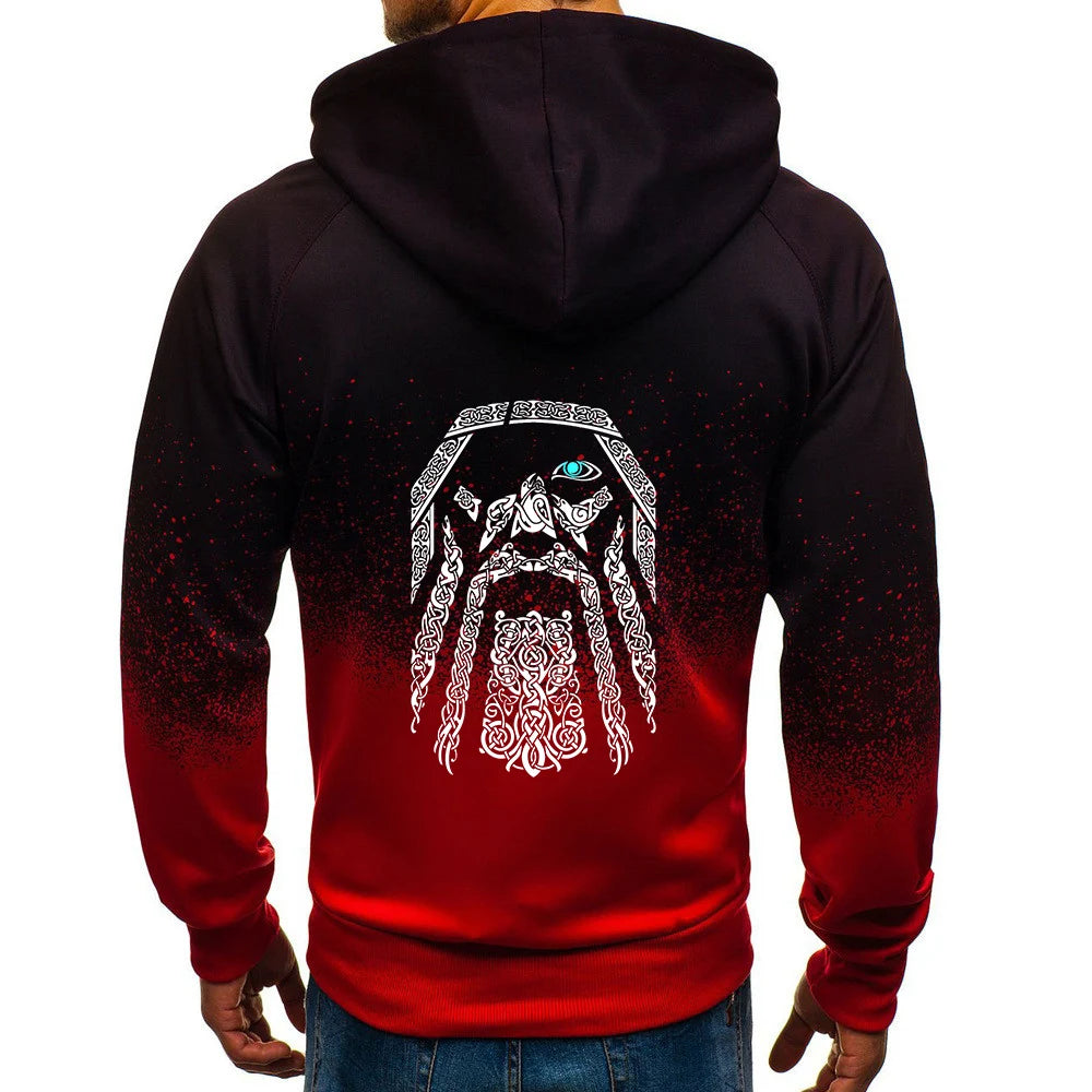 Dos du gilet à capuche Viking noir et rouge, motif Odin.