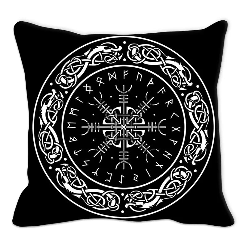 Housse de coussin noire avec motif celtique et texte runique