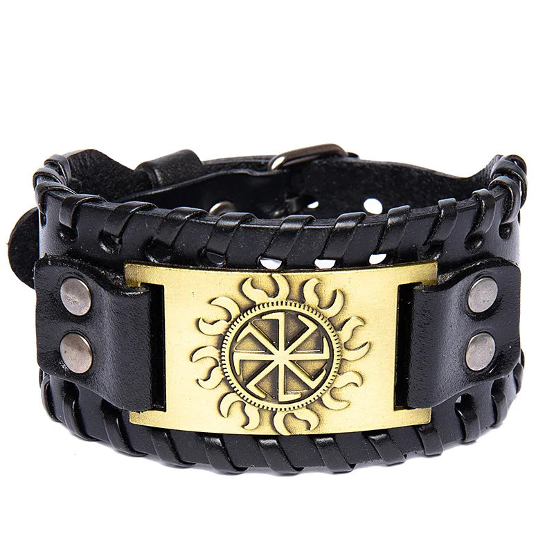 Bracelet en cuir noir avec symbole solaire doré