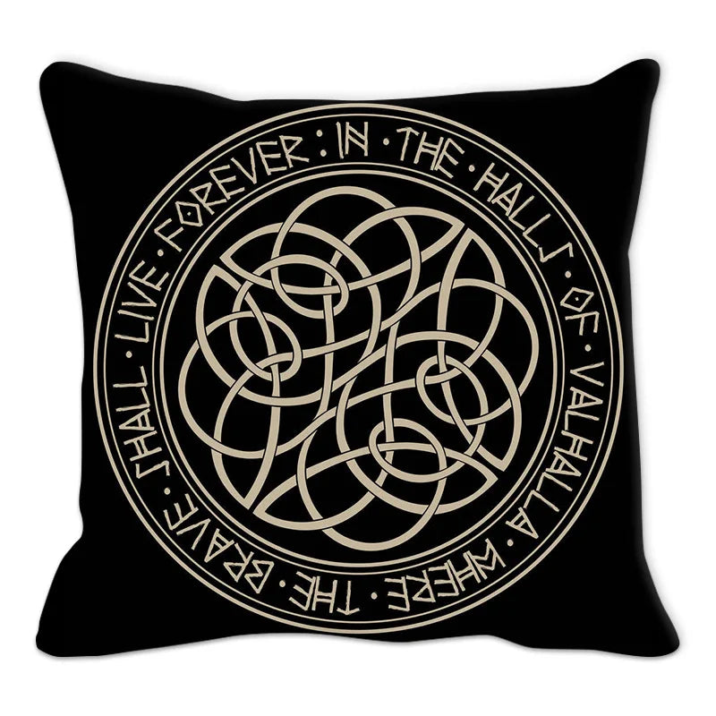 Housse de coussin noire avec symbole runique et texte